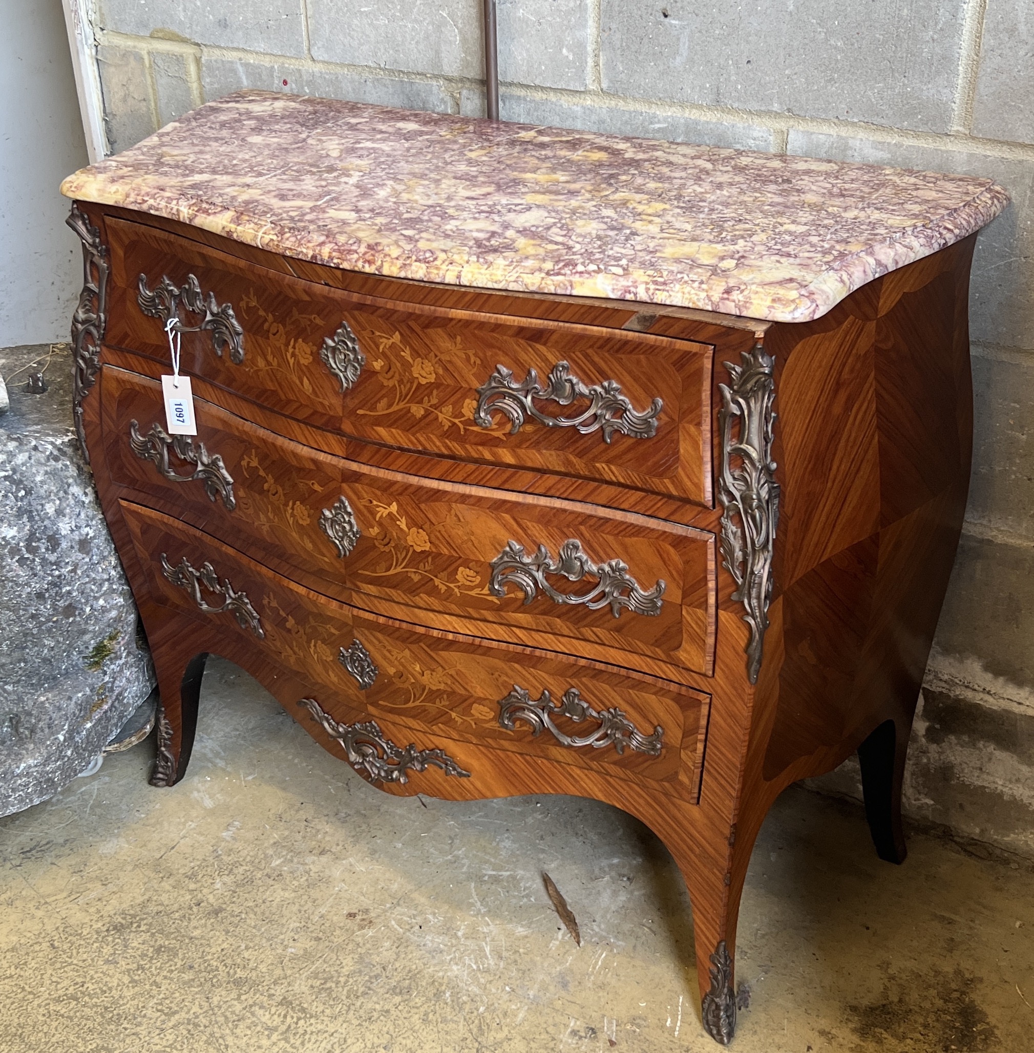 A Louis XV style marquetry inlaid kingwood marble top bombe commode, width 104cm, depth 46cm, height 88cm